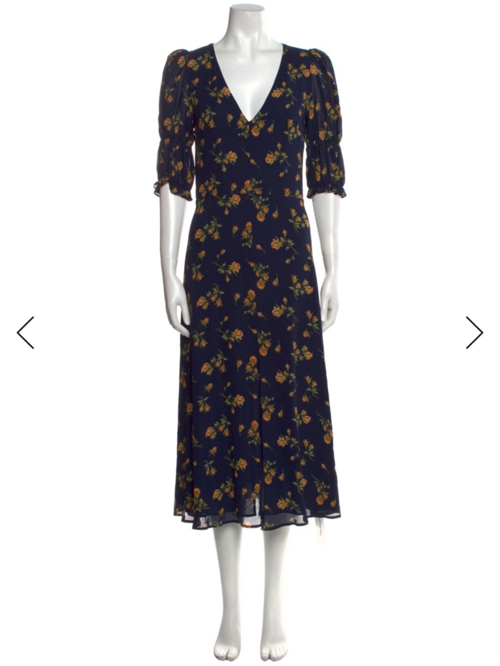 Reformation Navy Floral V-Neck Midi Dress with Yellow Blossom Print